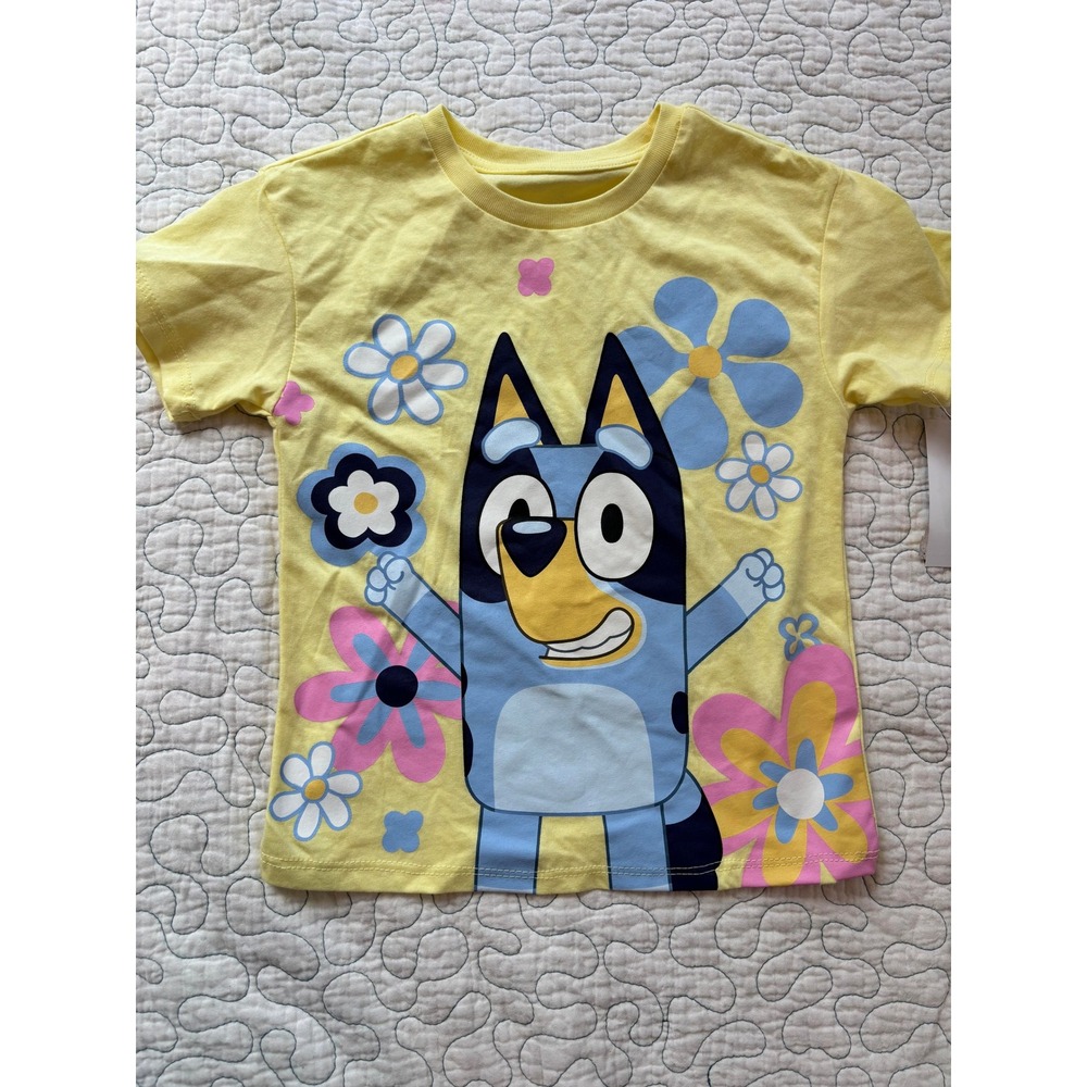 Bluey Toddler Kids Yellow Short Sleeve Floral Graphic T-Shirt Size 4T